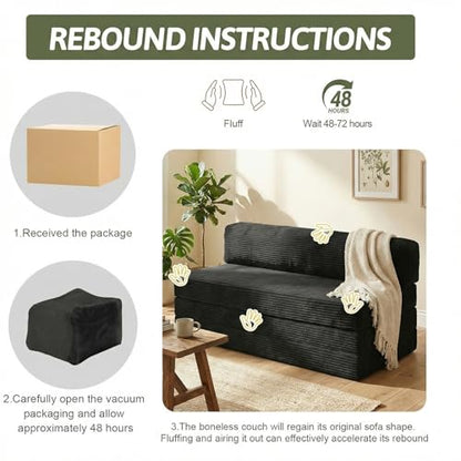 5-in-1 Convertible Sofa Bed, Boneless Couch Loveseat with Removable Cushions & Washable Cover, Futon Sofa Bed with Handle, Pull Out Couch for Small Spaces, Queen Size, Black - color: Black, size: Queen Size-80''L*60''W