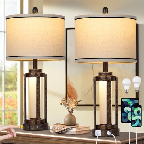 26" Farmhouse Table Lamps Set of 2, Vintage Rustic Industrial Beside Lamps with USB A+C Charging Ports & AC Outlet, Nightstand Lamp with Glass Night Light & Linen Fabric Shade for Living Room Bedrooms - color: Bronze