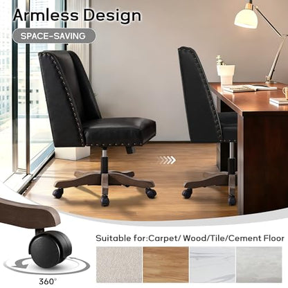 Upholstered Armless Office Chair Faux Leather Swivel Home Desk Office Chair | Modern Comfy Boho Office Chair with Wheels Adjustable Desk Chair no Arms for Sewing Women Farmhouse Study Studio PU Black - color: Black