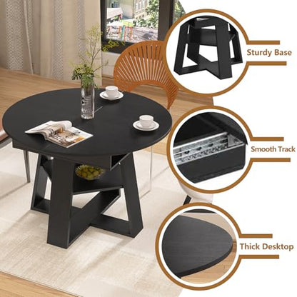 Modern Round Dining Table for 4-8, 43-59" Extendable Oval Dining Table with Leaf, Kitchen Table with Storage Shelf & Wood Cross Base, Circle Tables for Living Room Kitchen, Space Saving (Black) - color: Black