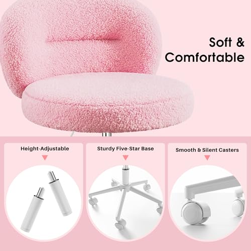 Homkdom Round Vanity Chair with Silent Wheels, 17.32" Wide Seat | Height Adjustable, 360 Swivel & Smooth Rolling, Armless Design for Makeup and Study - Pink - color: Pink