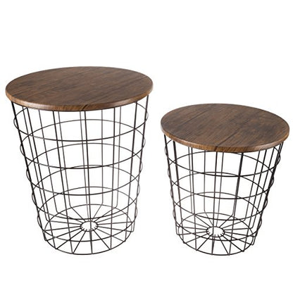 Lavish Home End Tables - Round Nesting Tables Set of 2, Brown/Black | 17.5”/15.5” Side Tables with Removable Wood Tops & Metal Basket Bases for Blanket Storage, Living Room, Bedroom & Home Office - color: Brown Round