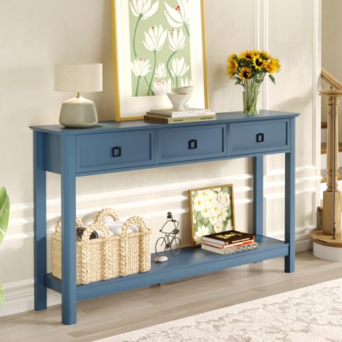 Treocho 53.1" Console Table with 3 Drawers, Sofa Table Behind Couch, 2 Tier | Long Entryway Table with Storage, Modern, For Hallway, Living Room, Blue - color: Blue