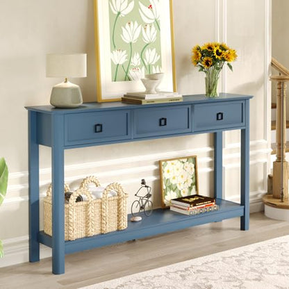 Treocho 53.1" Console Table with 3 Drawers, Sofa Table Behind Couch, 2 Tier | Long Entryway Table with Storage, Modern, For Hallway, Living Room, Blue - color: Blue