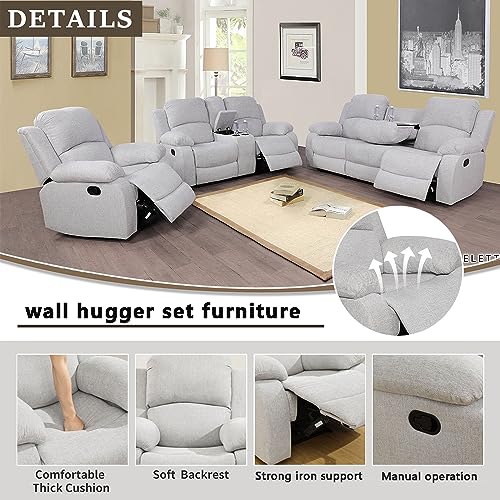 A Ainehome Living Room Furniture Set 3 Pieces Grey Microfiber Recliner Sofa Set Loveseat Chair Furniture Sofa Set for Living Room/Rv/House/Office/Theater Seating (A-Grey White Microfiber,3 Piece Set) - color: A-grey White Microfiber, size: 3 piece set