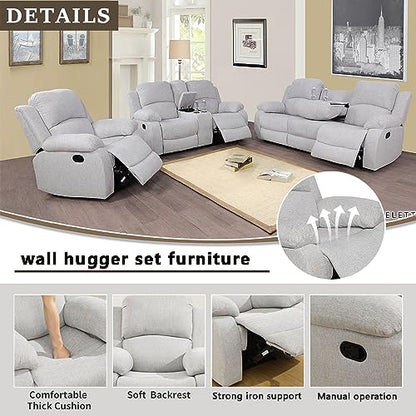 A Ainehome Living Room Furniture Set 3 Pieces Grey Microfiber Recliner Sofa Set Loveseat Chair Furniture Sofa Set for Living Room/Rv/House/Office/Theater Seating (A-Grey White Microfiber,3 Piece Set) - color: A-grey White Microfiber, size: 3 piece set