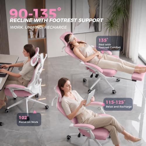CYKOV Ergonomic Office Chair, Reclining, Footrest, Adjustable Lumbar, 350LB | 4-Way Headrest (4.72" + 60°), 2-Way Lumbar (2" + 1.18"), 90-135° Recline, Breathable Mesh, Gaming & Office, 5-Year Warranty - color: W-pink