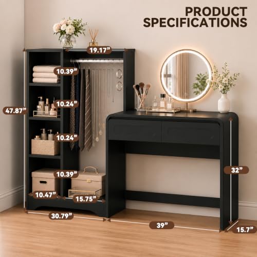 Vanity Desk, Makeup Vanity Desk with Drawers and Hanging Rack | 4 Tier Shelves, Modern Makeup Vanity Table with Curved Profile Design, Makeup Dressing Desk for Bedroom, Black - color: Black, size: 15.7"D x 70"W x 47"H