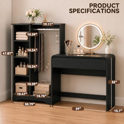 Vanity Desk, Makeup Vanity Desk with Drawers and Hanging Rack | 4 Tier Shelves, Modern Makeup Vanity Table with Curved Profile Design, Makeup Dressing Desk for Bedroom, Black - color: Black, size: 15.7"D x 70"W x 47"H