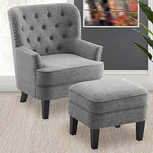 Rosevera Accent Chair and Ottoman Set - Button Tufted Armchair for Living Room, Bedroom, Reading - Mid-Century Modern Lounge Chair Set - Gray - color: Polyester Light Grey With Ottoman