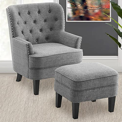 Rosevera Accent Chair and Ottoman Set - Button Tufted Armchair for Living Room, Bedroom, Reading - Mid-Century Modern Lounge Chair Set - Gray - color: Polyester Light Grey With Ottoman