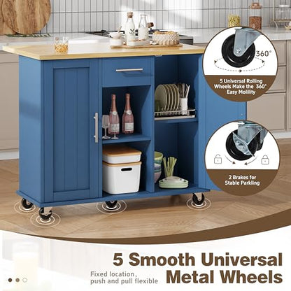 Shintenchi Kitchen Island with Storage, Bar Cart Cabinet Island Table on Wheels, Rolling Microwave Cart for Kitchen with Drop Leaf, Drawers, Towel Rack, Seating Area for Dining Room, Blue - color: Blue-42 Inch