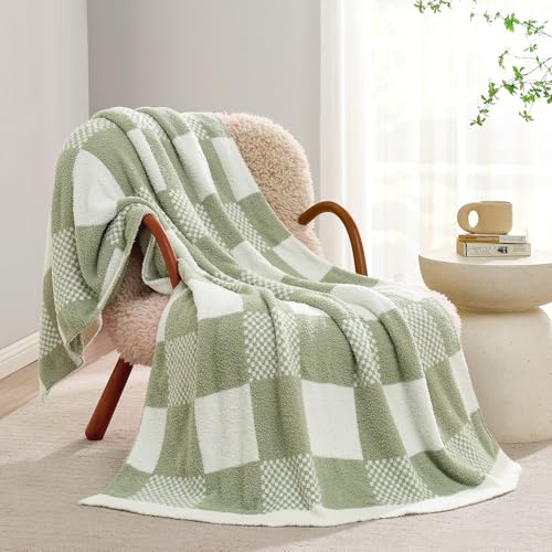 Snuggle Sac Checkered Blanket, Sage Green Throw Blanket for Couch Plaid Microfiber Fluffy Warm Cozy Fuzzy Soft Throw Blanket Reversible Checker Blankets for Sofa, Chair, Bed, 50x60 inches - color: Checker Sage Green, size: Throw(50"x60")