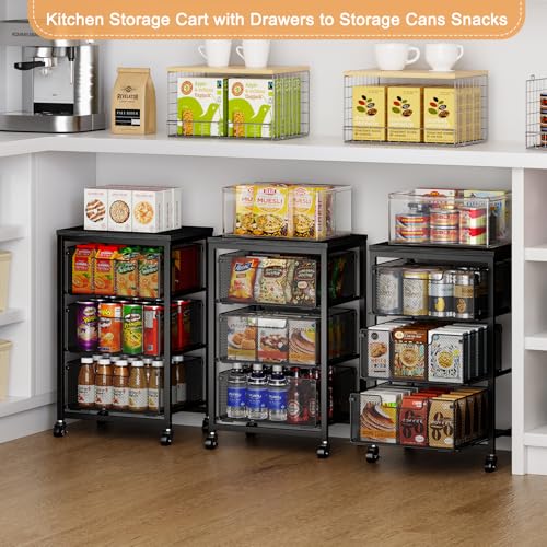 Pantry Organizer and Storage Cart, 3-Tier Kitchen Storage Cart with Drawer, Fruit Vegetable Storage Cart with Wheels, Wooden Top Metal Wire Kitchen Organizer Rack Stand for Food Snack Onion Potato - size: 3-Tier Black