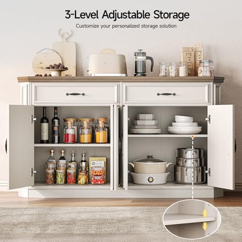 55" Sideboard Buffet Cabinet with 2 Storage Drawers & 4 Doors, Modern Kitchen Sideboards and Buffets with Adjustable Shelves, Wood Coffee Bar Cabinet for Living Room, Entryway, Off-White