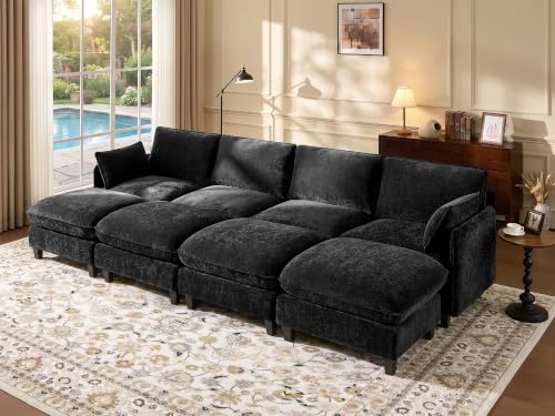 Ihanherry 139" Sleeper Sofa, Modular Sectional Sofa，Oversized Cloud Sofa with Large Cushions & 4 Movable Ottoman, Chenille Deep Seat Sectional for Living Room, Black - color: Black, size: 139“ 8 Seat Sleeper Sofa