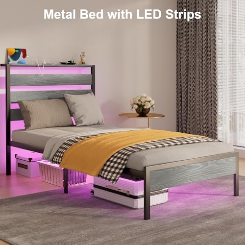 J.Fkne Twin Bed Frame with LED Lights & Charging Station, Metal Platform Bed with Headboard, Heavy Duty Metal Slats, No Box Spring Needed, Noise Free, Easy Assembly - size: Twin, style: Country
