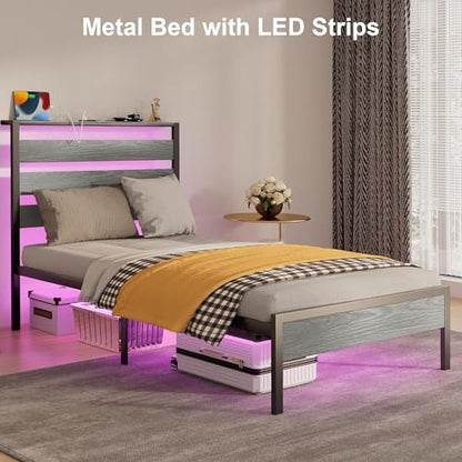 J.Fkne Twin Bed Frame with LED Lights & Charging Station, Metal Platform Bed with Headboard, Heavy Duty Metal Slats, No Box Spring Needed, Noise Free, Easy Assembly - size: Twin, style: Country