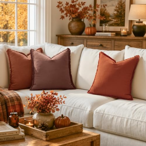 MIULEE Linen Fringe Decorative Fall Throw Pillow Covers Burnt Orange 18x18 | Set of 2, Cottagecore Decor, Boho Farmhouse Neutral Pillow Covers, Rustic Fall Couch Cushion Cases for Sofa Bed Living Room - color: Burnt Orange, size: 18" x 18" (Pack of 2)