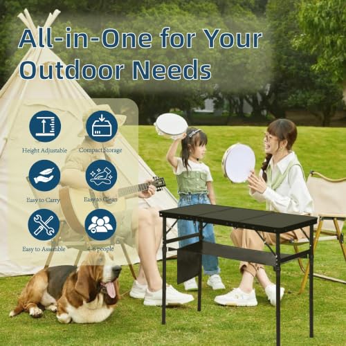 LOFTEY 3 ft Folding Camping Table, Portable Camp Table, Adjustable Height | 3 Height Settings up to 27.5", 70 lb Capacity, Compact Tri-Fold, Lightweight with Carry Bag, Mesh Pocket and Hooks