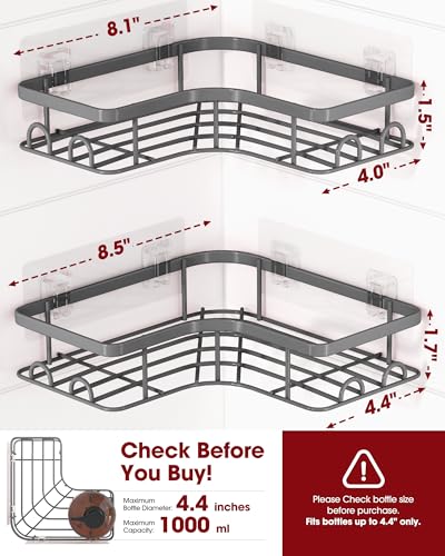 Sakugi Corner Shower Caddy - 2 Pack, Adhesive Shower Organizers, Rustproof Stainless Steel Shower Shelves with 8 Hooks, No Drilling Bathroom Organizers and Storage Racks, Space-Saving, Grey, Medium - color: Grey, size: Medium