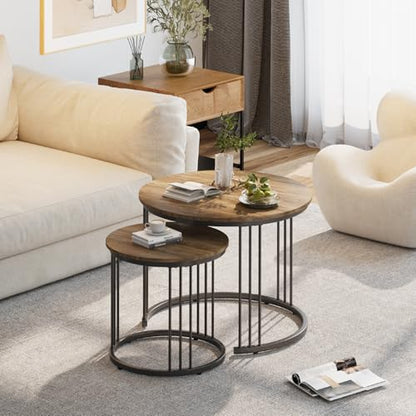 Nesting Coffee Table, 23.6" Round Coffee Table Set of 2, Wooden Nesting Table with Metal Frame, Ceter Tables for Living Room Bedroom Balcony, Brown - color: Brown