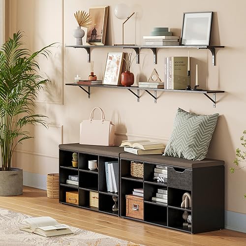 Shoe Storage Bench with Cushion, 31.5" Cubby Shoe Rack, 9 Cubbies | Entryway Shoe Organizer Bench, Adjustable Shelves for Boots, Removable Washable Cushion, Closet/Hallway/Bedroom, Espresso - color: Espresso, size: 9 Cubby