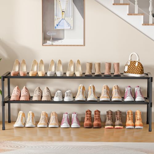 Extra Long Shoe Rack 2 Tier Wide Shoe Storage Organizer | Sturdy Durable Shoes Rack for Closet, Entryway, Dorm, Save Space Stackable Shoe Shelf Stand Holder - color: Black, size: 2Tier 14.3"H
