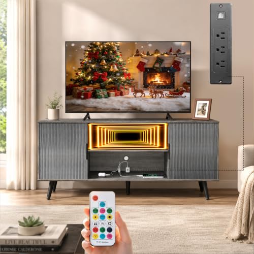 Lightdot 55" Fluted Small Gery TV Stand with Outlet & Fireplace Light | Media Console with Storage, Mid Century Cabinet Fits 55-65" TV, for Living Room/Bedroom/Sofa Cabinet,Easy Assembly - color: Gray-mirror/55"