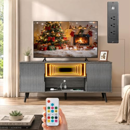 Lightdot 55" Fluted Small Gery TV Stand with Outlet & Fireplace Light | Media Console with Storage, Mid Century Cabinet Fits 55-65" TV, for Living Room/Bedroom/Sofa Cabinet,Easy Assembly - color: Gray-mirror/55"