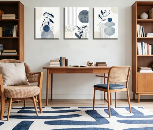 Frimeeme Blue Bohemain Framed Canvas Wall Art Set of 3,Abstract Geometric Line Wall Painting for Bedroom Bathroom, 12"x16" Inches,Framed - color: Framed - Blue Boho Canvas Wall Art, size: 12"L x 16"W x 3Pieces