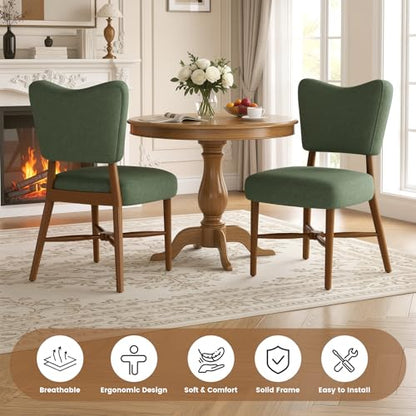 Farmhouse Dining Chairs Set of 2, Linen Seat, Wood Legs, Green | Mid Century Modern, Upholstered Padded Cushion, Solid Wood Cross-Brace, Easy 15-Min Assembly, Kitchen Dining Room - color: Green, size: Set of 2