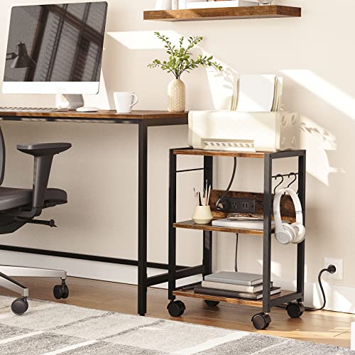 MAHANCRIS Industrial Printer Cart, 3-Tier Mobile Printer Stand, Rolling Cart with Power Outlets and USB Ports, Home Printer Stand with 2 Hooks, for Office, Living Room, Rustic Brown PTHR40E01Z - color: Rustic Brown