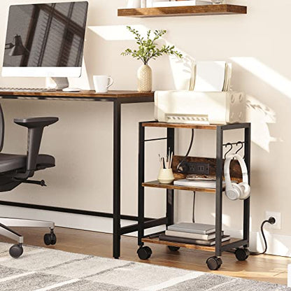 MAHANCRIS Industrial Printer Cart, 3-Tier Mobile Printer Stand, Rolling Cart with Power Outlets and USB Ports, Home Printer Stand with 2 Hooks, for Office, Living Room, Rustic Brown PTHR40E01Z - color: Rustic Brown