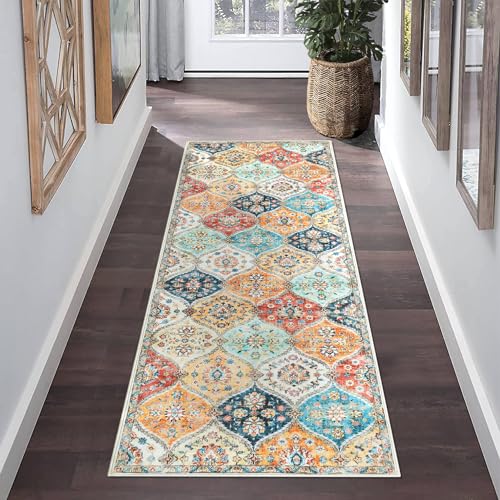 ROYHOME Runner Rug 2x10 Washable Moroccan Trellis Hallway Runner Rug | Stain Resistant Non-Slip Floor Cover Vintage Distressed Entrance Carpet for Laundry Kitchen Entryway Bedroom, Cream - color: Cream/Multi, size: 2' x 10' (Rectangular)