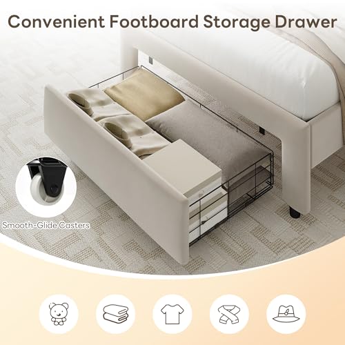 LIKIMIO Twin XL Bed Frames with Storage Drawer, Lights & Charging Station | Upholstered Modern Platform Bed, XL Twin Bed Frame with Headboard, No Box Spring Needed, Easy Assembly, Noise-Free, White - size: Twin XL