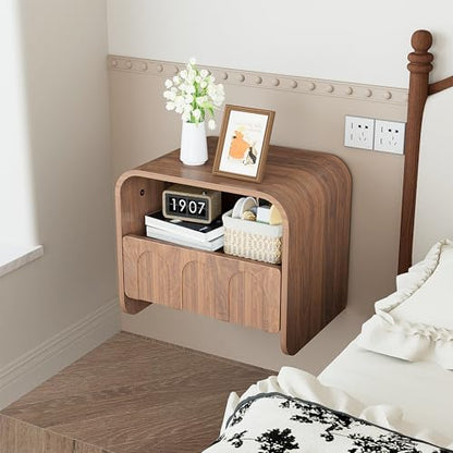 Floating Nightstand Set of 2, Wall Mounted Nightstand with Drawer | Bedside Table, Small Night Stand, with Open Storage Shelf, for Bedroom, Modern, Walnut
