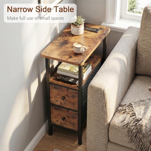 Narrow End Table with Charging Station, Small Nightstand | Skinny Side Tables Living Room with 2 Fabric Drawers, Slim Bedside Table for Bedroom, Small Spaces, Couch, Brown - color: Rustic Brown + Black, size: 23.22''H (2 Drawers), style: Power