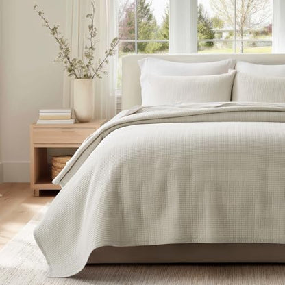 100% Cotton Modern Grid Stitch Quilt Set, King Size, Birch | Pre-Washed Cotton Coverlet Bedspread, Oversized Lightweight 3-Piece Bedding Set for All Season, with 2 Pillow Shams - color: Birch, size: King (110" X 94")