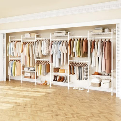 H6 Wall Mounted Closet System, Industrial Pipe Clothes Rack Clothing Racks with 6 Telescopic Rods & 3 Fixing Rods & 9 Shelves, Heavy Duty Closet Organizers and Storage in Wardrobe Closet (White) | Metal Clothing Rack with 6 Telescopic Rods & 3 Fixing Rods