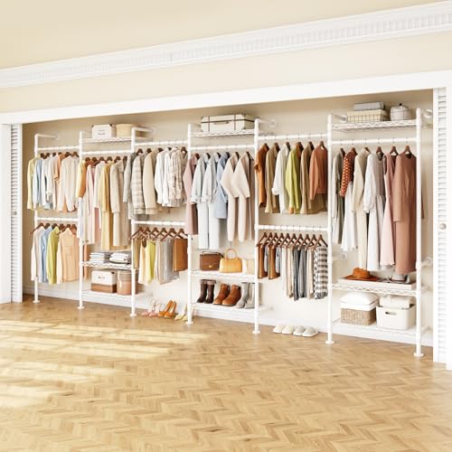 H6 Wall Mounted Closet System, Industrial Pipe Clothes Rack Clothing Racks with 6 Telescopic Rods & 3 Fixing Rods & 9 Shelves, Heavy Duty Closet Organizers and Storage in Wardrobe Closet (White) | Metal Clothing Rack with 6 Telescopic Rods & 3 Fixing Rods