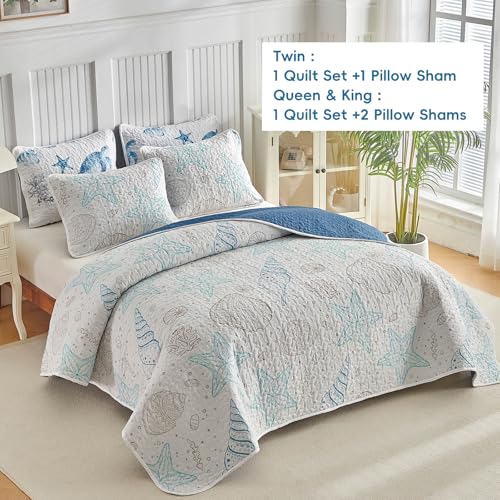 Coastal Quilt Sets Twin Size - Reversible Microfiber Ocean Style with Starfish Scallop Shell Soft Beach Bedding Nautical Bedspread Coverlet Summer Comforter with 1 Sham - color: Starfish, size: Twin-68x86 in