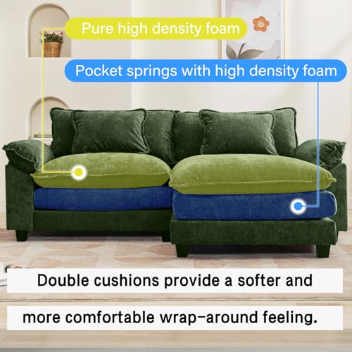 86" Modular Sectional Sofa, Comfy Deep Cloud Couch with Ottoman | L-Shaped Couches for Living Room, Modular Couch, Deep and Wide Seat, Chenille Sofa Sleeper with Throw Pillows, Green - color: Green, size: 86 Inch L