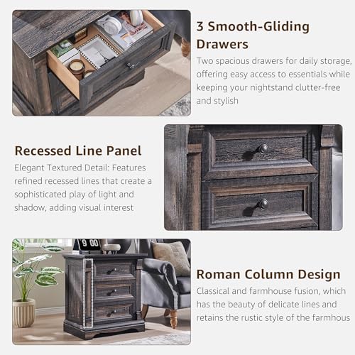 26"H Night Stand Set of 2, 23.6"W Wooden End Table with Charging Station | Wood Side Table w/Roman Column, End Tables Living Room Set Of 2, Bedside Cabinet for Bedroom, Living Room, Dark Rustic Oak - color: Dark Rustic Oak, size: 23.6"W x 15.7"D x 26"H