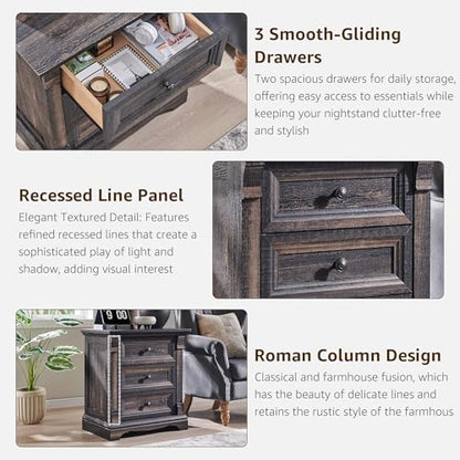 26"H Night Stand Set of 2, 23.6"W Wooden End Table with Charging Station | Wood Side Table w/Roman Column, End Tables Living Room Set Of 2, Bedside Cabinet for Bedroom, Living Room, Dark Rustic Oak - color: Dark Rustic Oak, size: 23.6"W x 15.7"D x 26"H