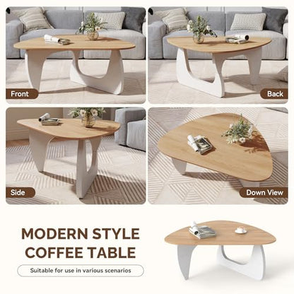 Modern Wood Coffee Table, Triangle Center Table with Premium Wooden Top& Unique Base, 35.5” Small Mid Century Tea Tables for Living Room, Apartment, Office,Natural Wood &White - color: Natural Wood &White, size: Medium 35.5*25.5*15.7in