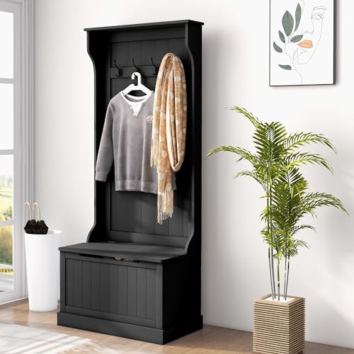 HOMCOM Hall Tree with Bench and Shoe Storage 3-in-1 Coat Rack Black | Slim Bench with Coat Rack, 4 Hooks, Flip Top Storage Compartment - color: Black, size: 28"