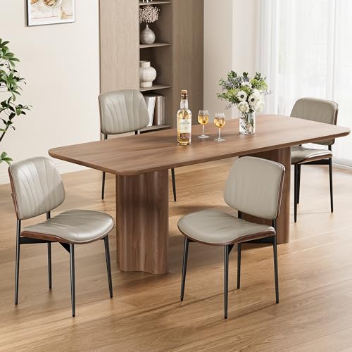 Dining Chairs Set of 2, Mid-Century Modern Upholstered PU Leather Chairs | with Walnut Bentwood Back and Metal Legs Adjustable Feet for Kitchen Dining Room, Greige Shell Strips - color: Greige Shell Strips