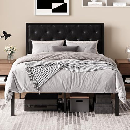 SHA CERLIN Full Size Metal Bed Frame with PU Tufted Headboard, Black | Modern Design Heavy-Duty Platform Bed, No Box Spring Need, PU Leather Upholstery, Noise Free, Easy Assembly - color: Black, size: Full