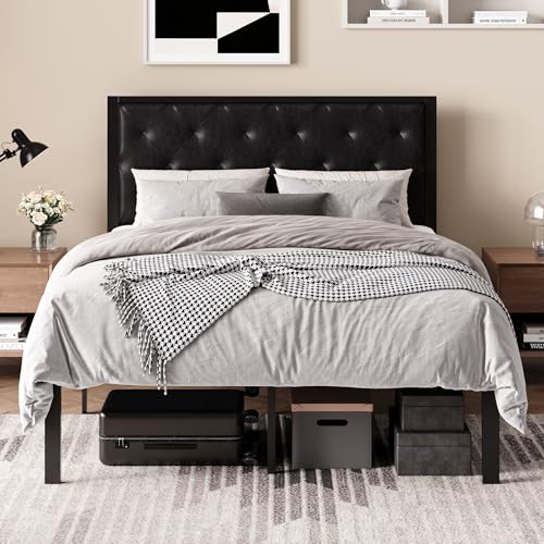 SHA CERLIN Full Size Metal Bed Frame with PU Tufted Headboard, Black | Modern Design Heavy-Duty Platform Bed, No Box Spring Need, PU Leather Upholstery, Noise Free, Easy Assembly - color: Black, size: Full